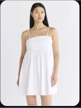 Free Assembly Women's Pleated Cotton Mini Dress White Smocked Spaghetti Strap
